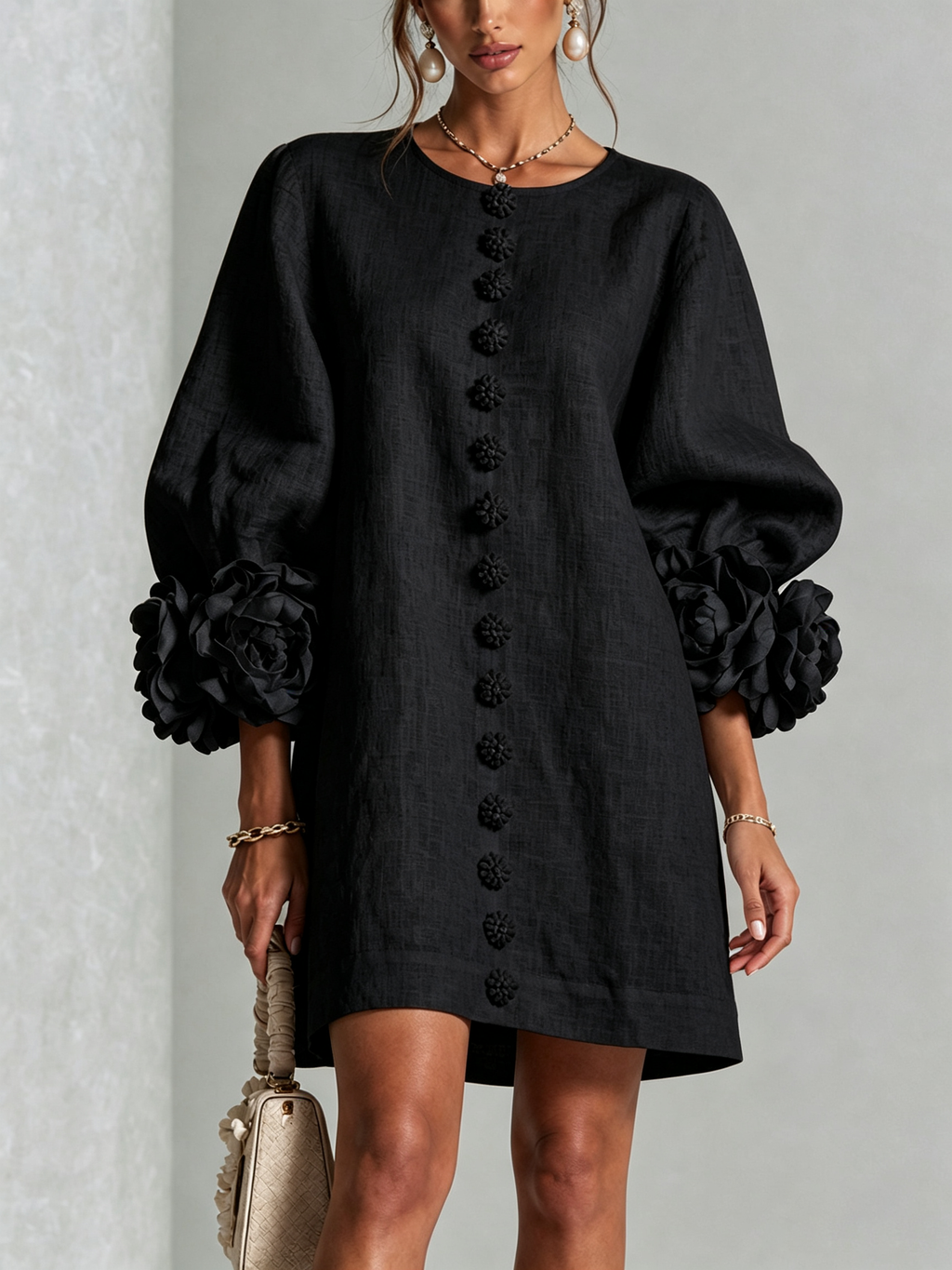 Cecilia | Vestido Mini en Mezcla de Lino con Puños Rosa, Negro