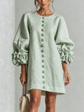 Delia | Vestido Mini en Mezcla de Lino con Puños en Rosa, Verde Salvia